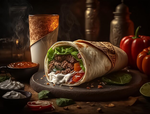 Een burrito met een hamburger wrap erop