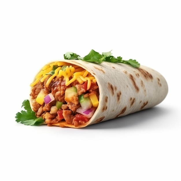 Een burrito met een witte achtergrond en een rode en groene bladgroente erbij.