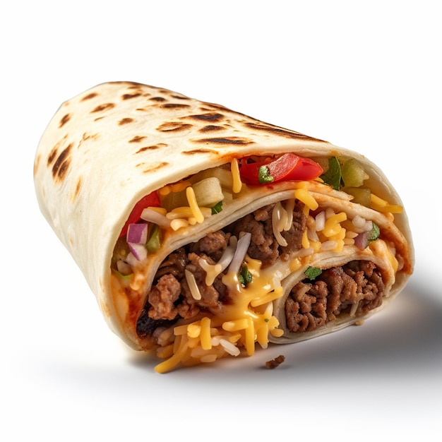 Een burrito met een wrap van rundvlees en rijst erop