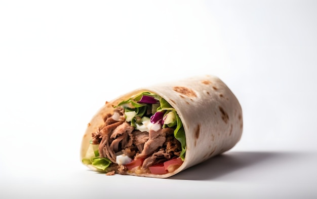 Een burrito met vlees en groenten op een witte achtergrond.