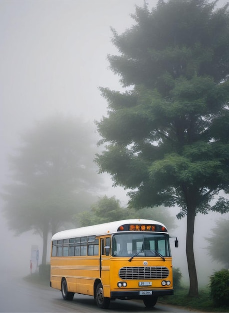 Een bus in een groen dorp.