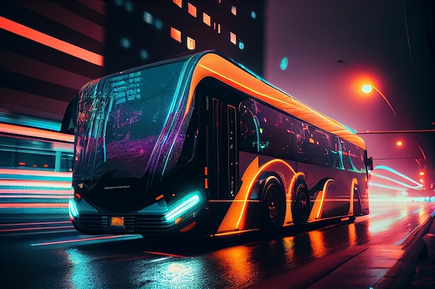 Een bus met een fel neonlicht rijdt langs de straatgeneratieve ai van de stad