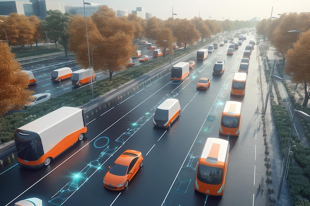 Foto een bus met een oranje-witte taxi voorop rijdt op een snelweg.