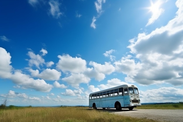 Een bus op een weg met een blauwe lucht op de achtergrond