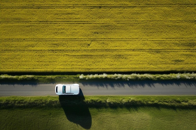 Een bus rijdt over een landelijke weg door een veld van gele bloemen.