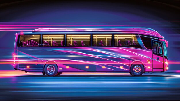 Foto een bus rijdt over een weg met een neon roze en paarse kleurenschema