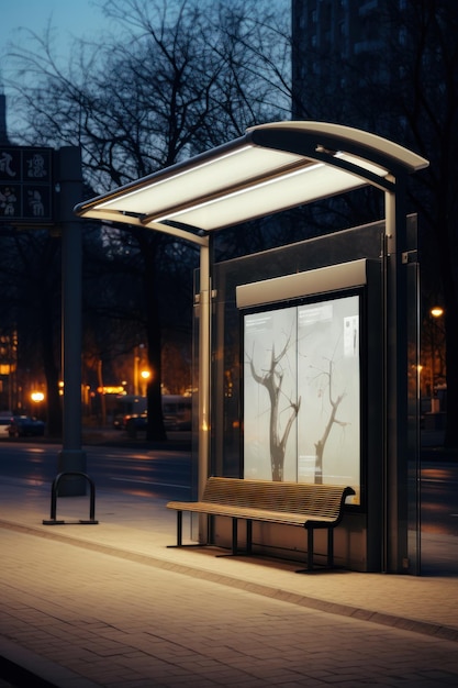 Foto een bushalte met een bankje en een bord