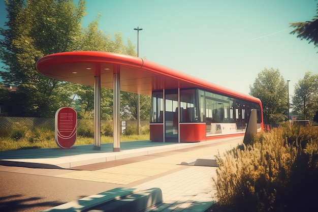 Een bushalte met een rood dak en een bord met 'bushalte' erop
