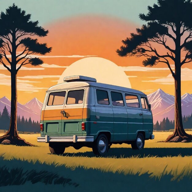 een busje met een camper op de top is geparkeerd in een veld met bomen en bergen op de achtergrond