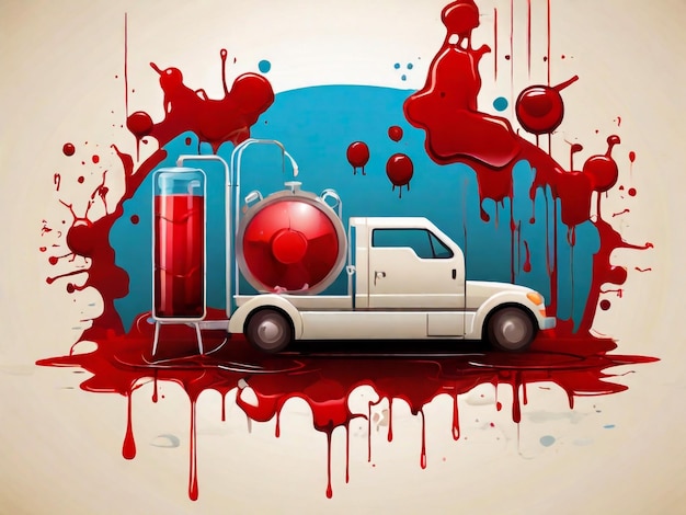 een busje met een rode spuitfles aan de voorzijde en een rood object met een groot rood object op de achtergrond