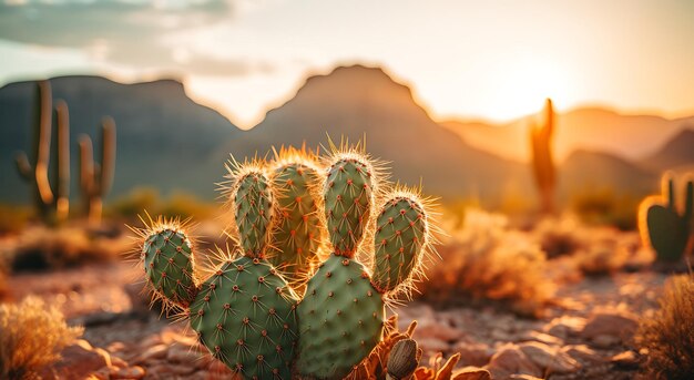 Een cactus in de woestijn bij zonsondergang met bergen