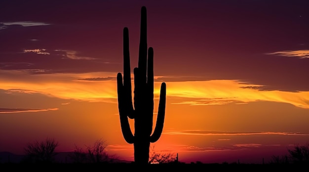 Een cactus in de woestijn bij zonsondergang met een paarse lucht op de achtergrond.