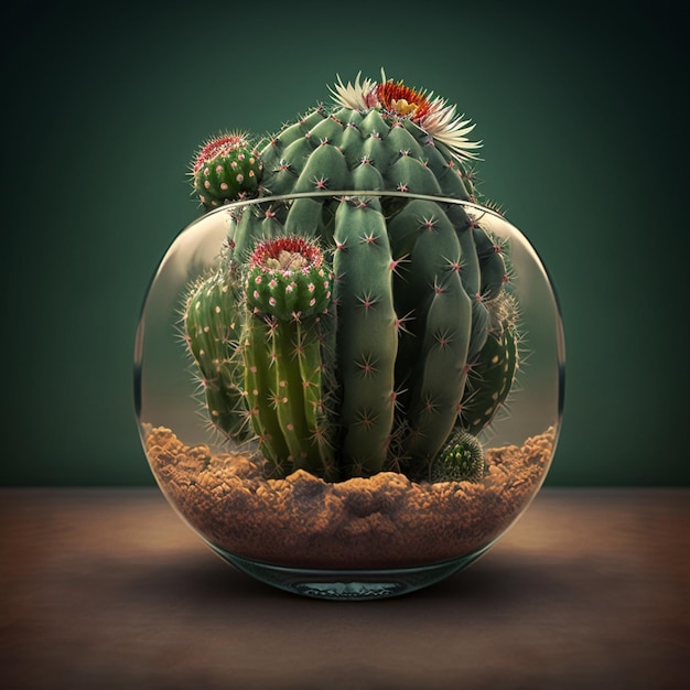 Een cactus in een glazen schaal met een bloem erop.