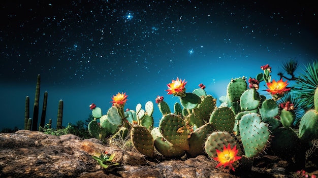 Een cactus met bloemen en een ster aan de hemel