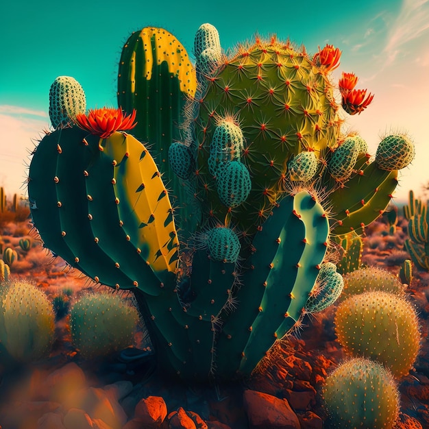 Een cactus met een rode bloem erop wordt omringd door andere cactussen.