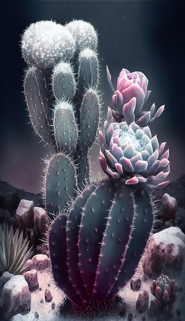 Een cactus met roze bloemen en groene bladeren