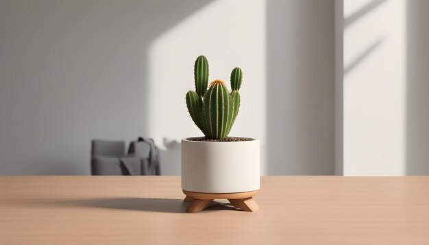een cactusplant is in een witte pot op een houten tafel