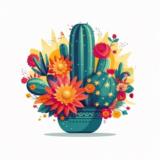 Een cactusplant met bloemen in een pot op een witte achtergrond