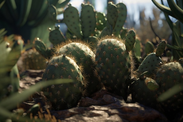 Een cactusplant met een groene struik en een lichtblauwe lucht op de achtergrond.