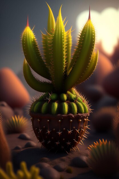 Een cactusplant met een groene top en een bosje doornen eraan.