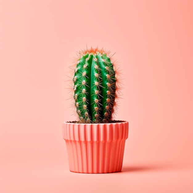 Een cactusplant staat in een pot met een roze achtergrond.