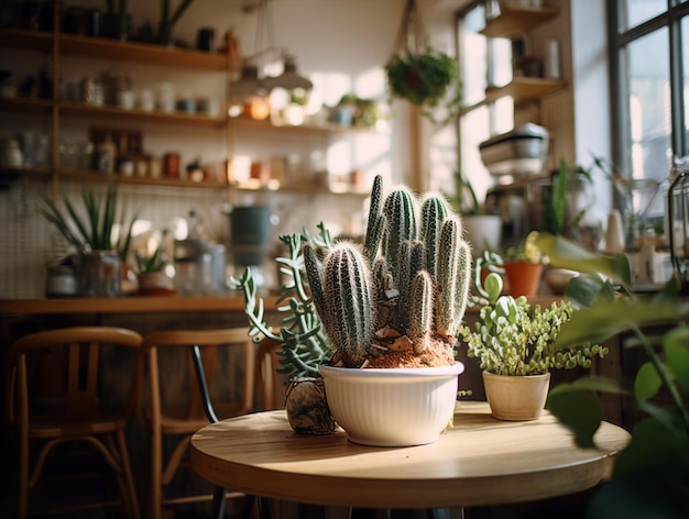 een cactusplant zit op een tafel in een café