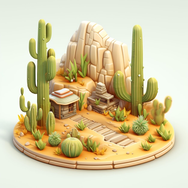 Een cactustuin met een houten tafel en een bord met "cactus" erop.