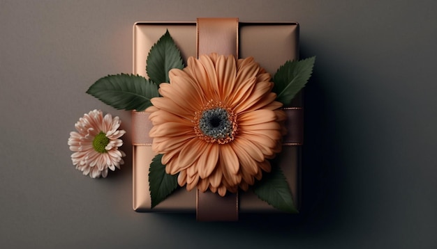 Een cadeau verpakt in bruin papier met een bloem erop.