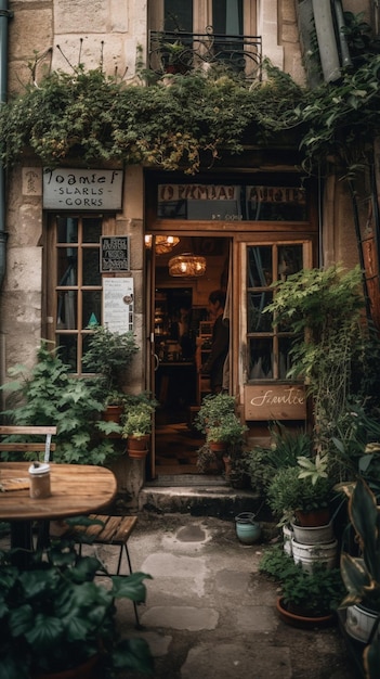 Een café met een bord waarop staat 'de deur naar het café'