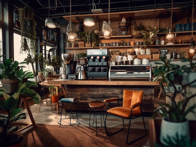 Foto een café met een groot raam en een tafel met stoelen