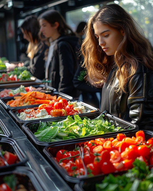 Een cafeteria met salade bar studenten behang