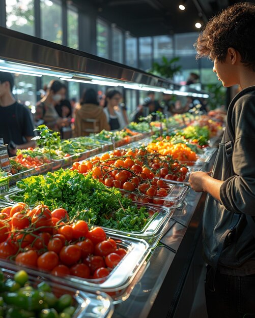 Een cafeteria met salade bar studenten behang