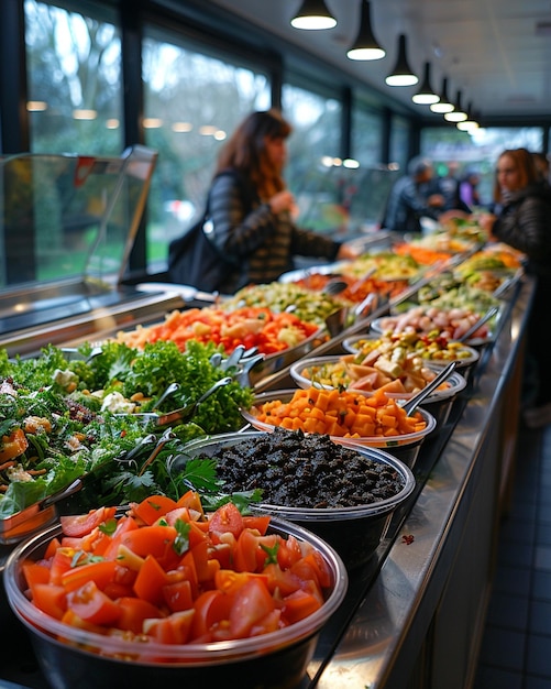 Een cafeteria met salade bar studenten behang