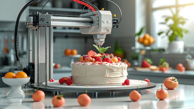 Foto een cake bakken met glazuur en fruit met behulp van een voedsel 3d-printerruimte generatieve ai