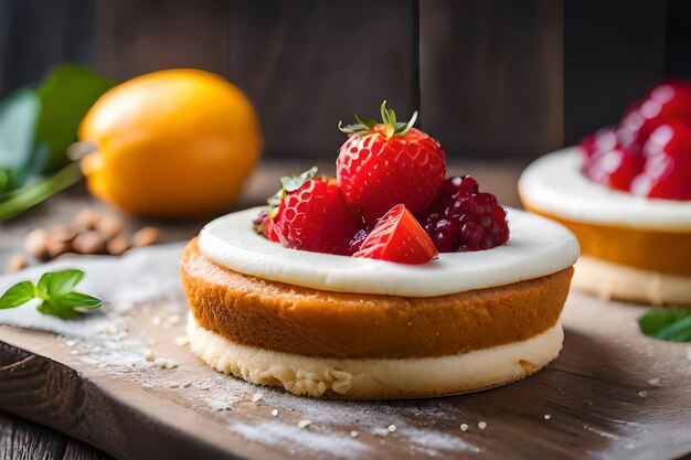 een cake met aardbeien en een citroen erop