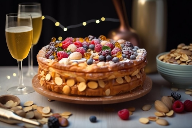 Een cake met bessen en amandelen staat op een tafel naast een glas witte wijn.