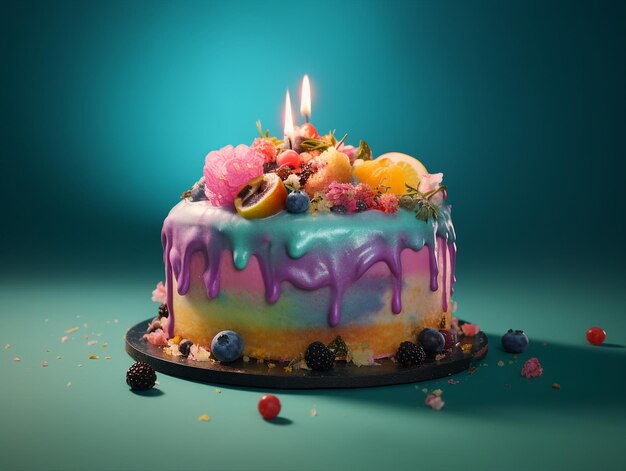 Een cake met blauw en paars glazuur en een blauw en paars glazuur met een kaars erop.