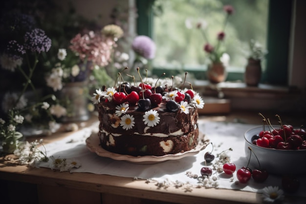 Een cake met bloemen en bessen erop