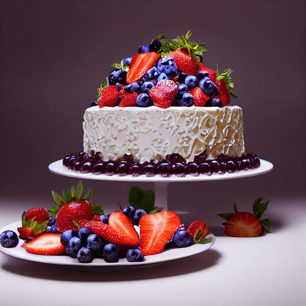 Een cake met bosbessen en aardbeien erop