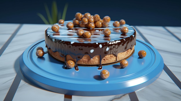 Een cake met chocolade en nootjes erop