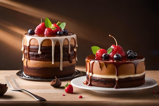 Een cake met chocolade- en vanilleglazuur en een aardbeiencake met chocoladeglazuur.