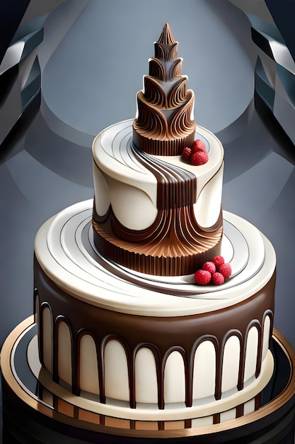 Een cake met chocolade en wit glazuur en rode bessen erop.