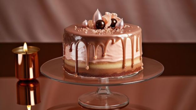 Een cake met chocoladeglazuur en chocoladeglazuur erop