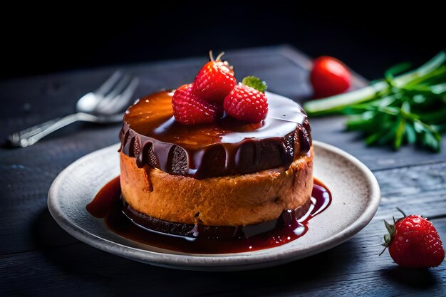 een cake met chocoladeglazuur en een aardbei erop.