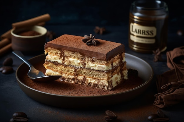 Een cake met chocoladeglazuur en een fles la basti