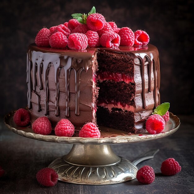 een cake met chocoladeglazuur en frambozen erop