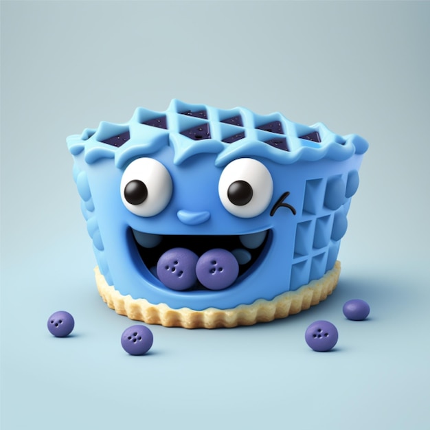 Een cake met een blauw handvat en een monstergezicht erop.