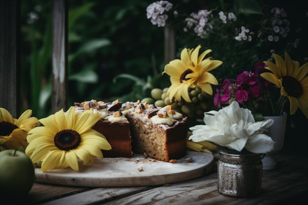 Een cake met een uitgesneden plak en bloemen op de achtergrond