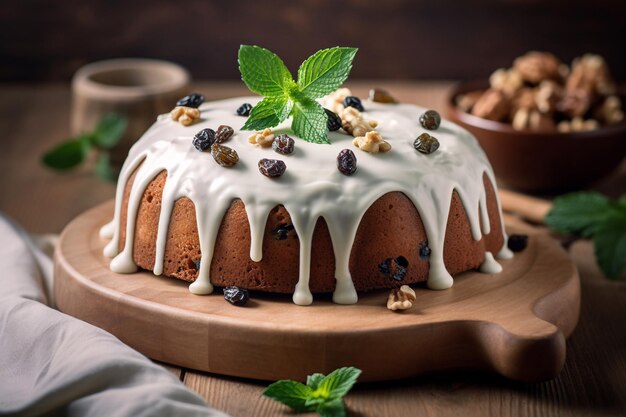 Een cake met een witte glazuur en een paar nootjes erop