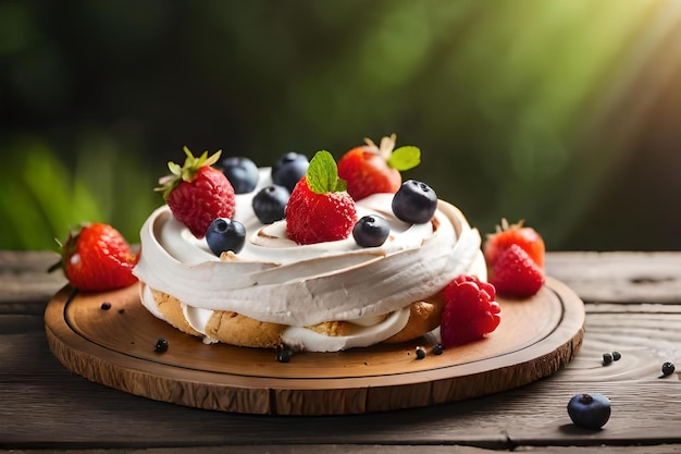 Een cake met frambozen en slagroom op een houten tafel